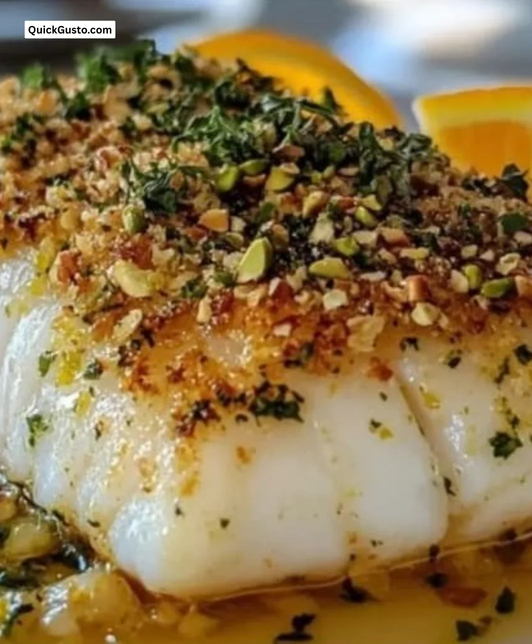 Pistachio Herb Crusted Cod served with citrus garnish