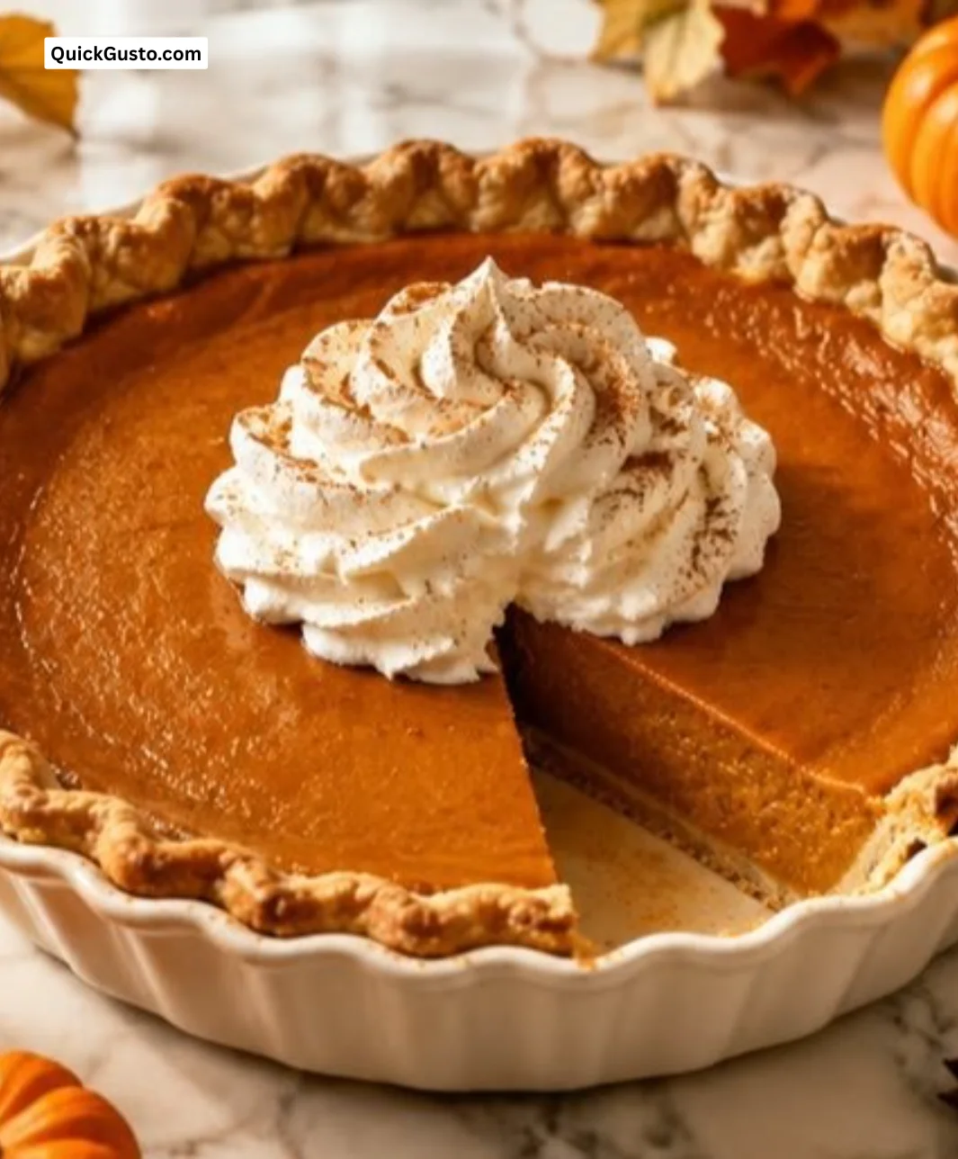 Delicious homemade pumpkin pie with whipped cream on a festive table