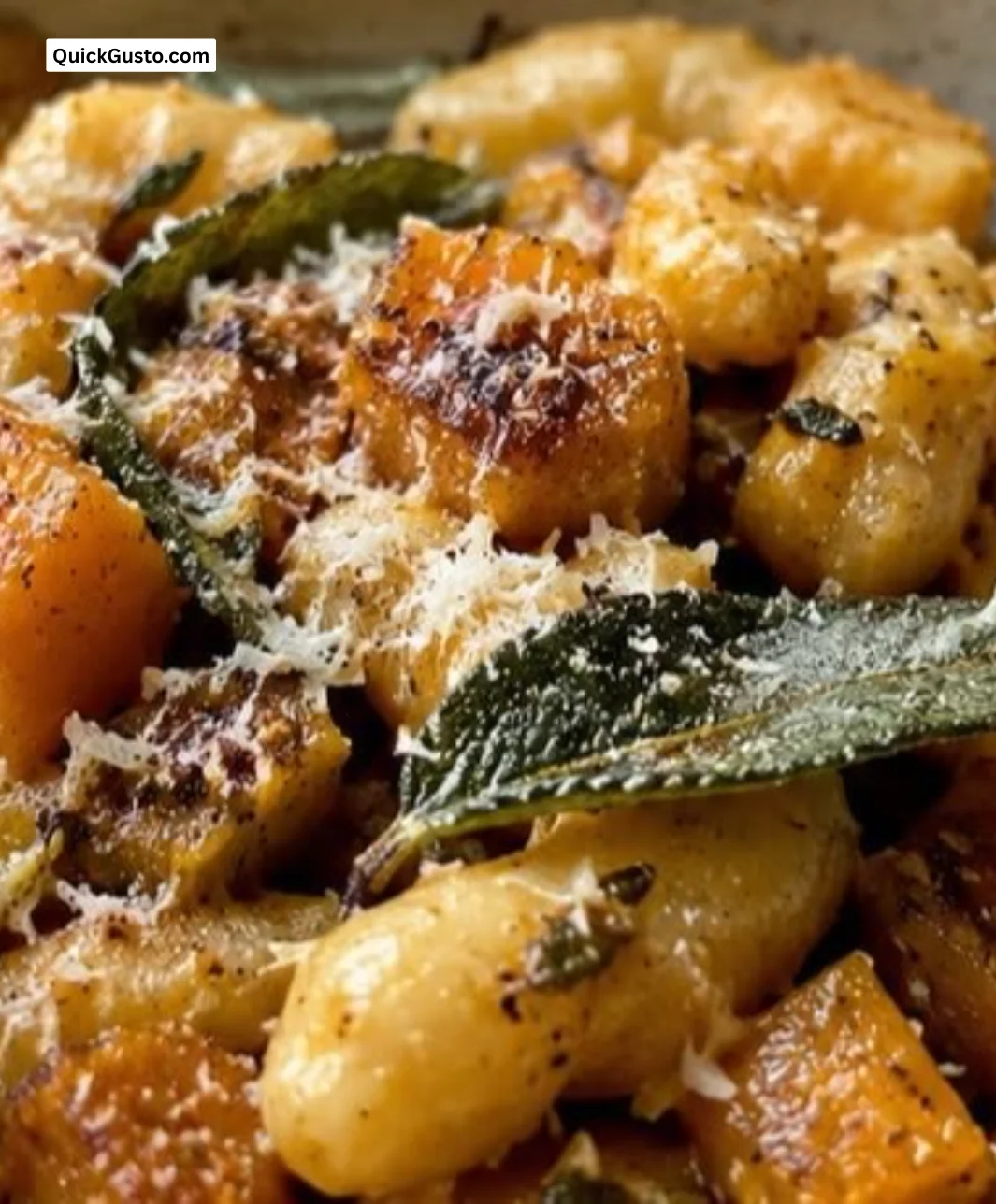 Creamy pumpkin pasta dish garnished with herbs in a cozy setting