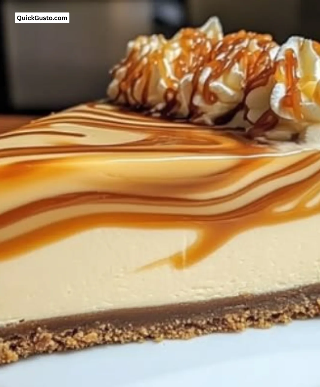 Silky caramel swirl cheesecake topped with rich caramel drizzle.