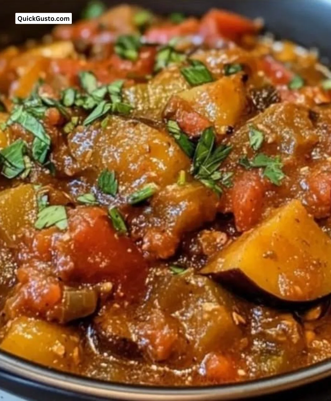 Delicious slow cooker tomato eggplant stew filled with fresh vegetables and spices