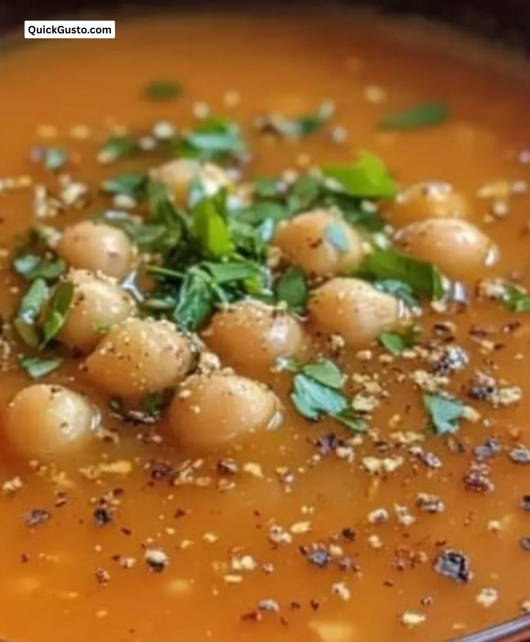 A bowl of smoky tomato chickpea soup drizzled with cumin oil.