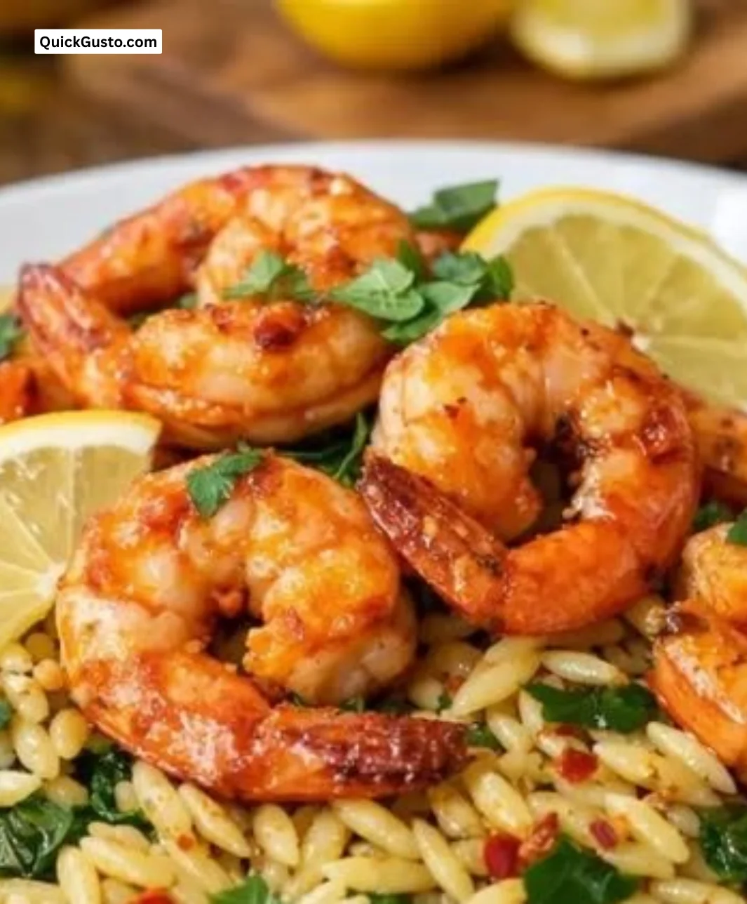 Spicy Southern style shrimp dish served with lemon basil orzo