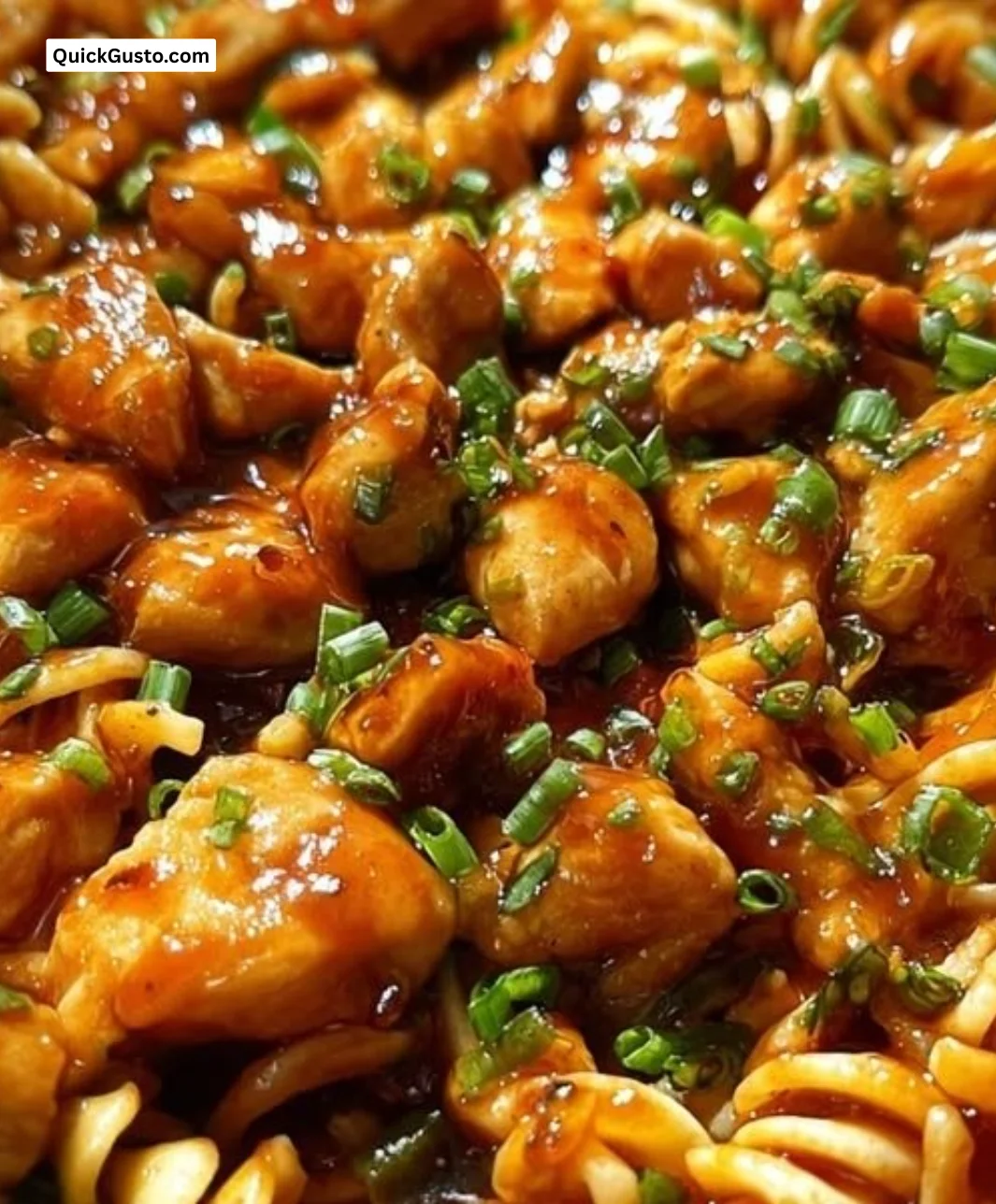 Sticky Sweet Garlic Chicken Pasta Skillet served in a pan