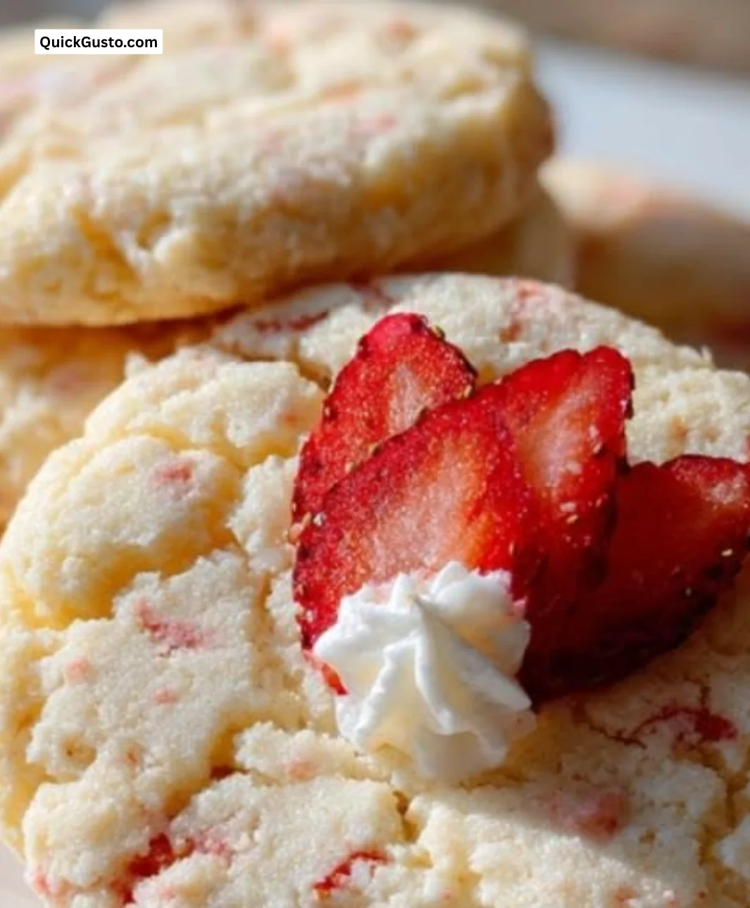 Freshly baked strawberry shortcake cookies on a rustic wooden table