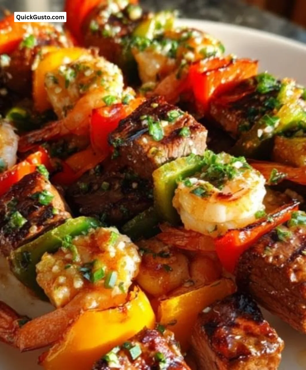 Delicious Surf and Turf Kabobs with seafood and meat on skewers
