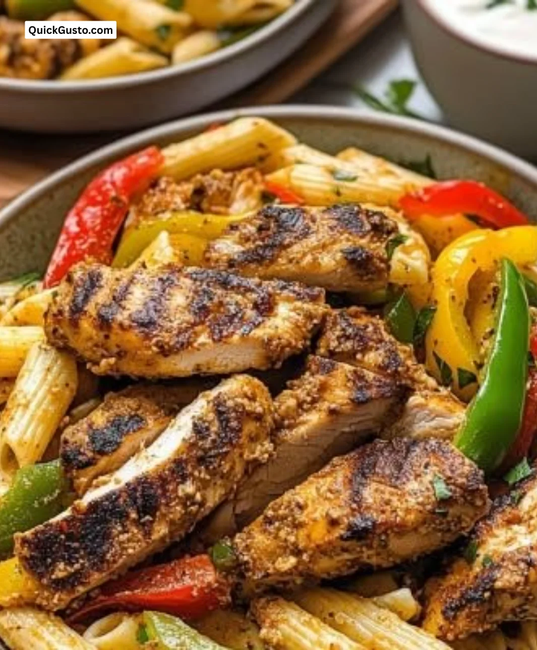 Creamy rasta pasta with colorful vegetables and jerk spices