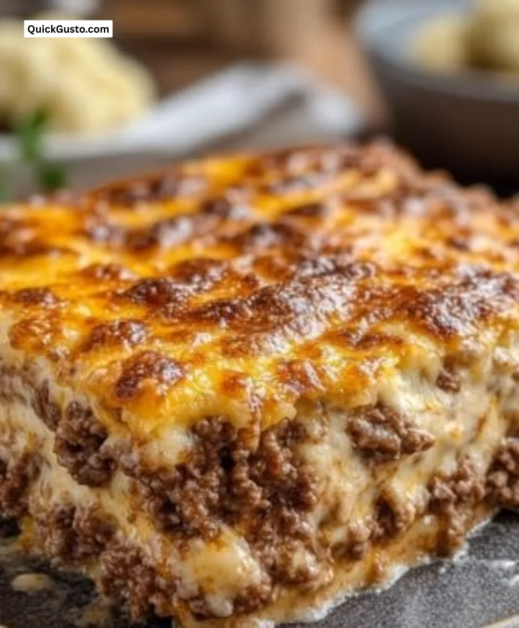 Delicious low carb cheesy cheeseburger casserole in a baking dish